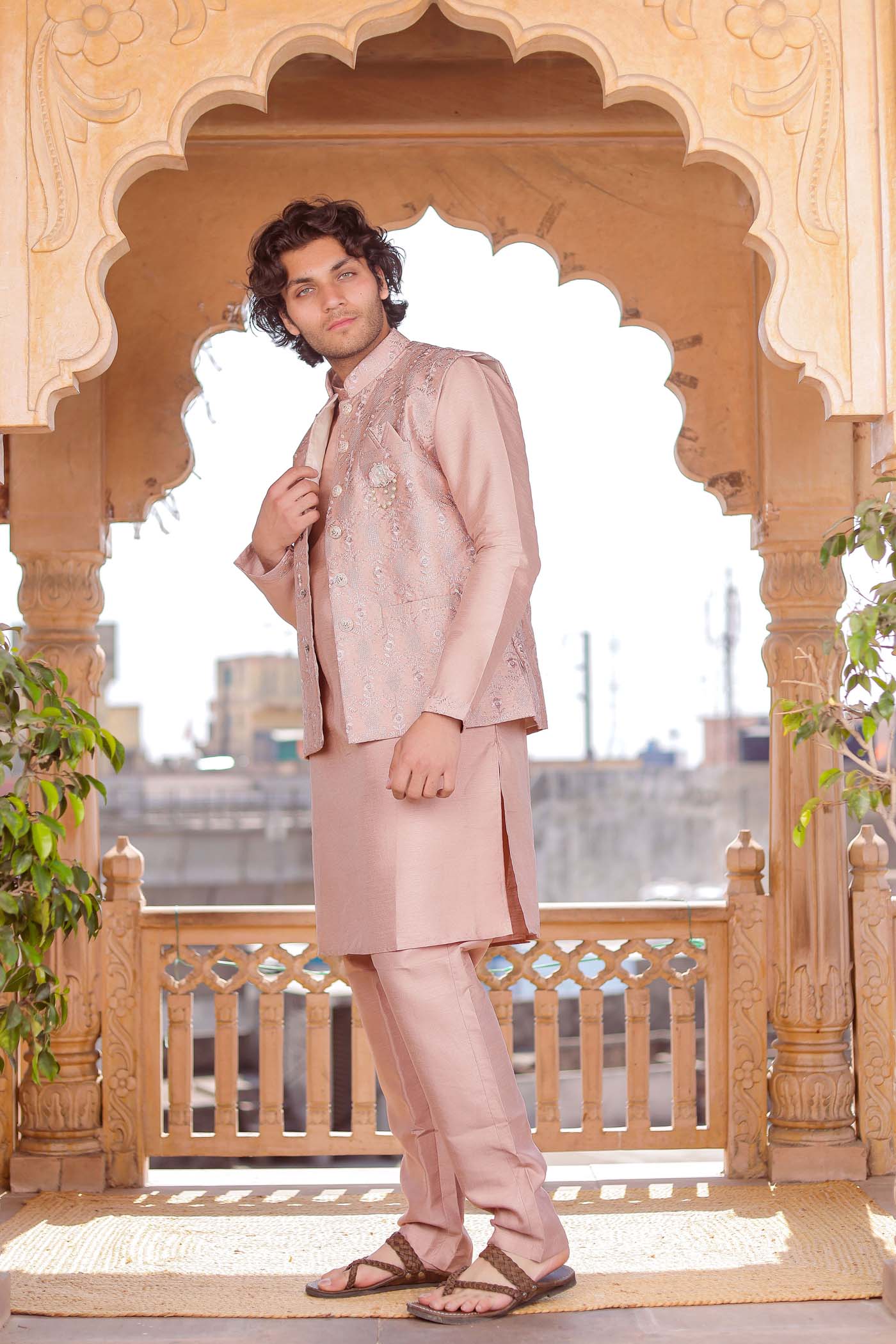 Dusty Pink Thread Embroidered Silk Jacket And Kurta Suit. Ladlee Direct