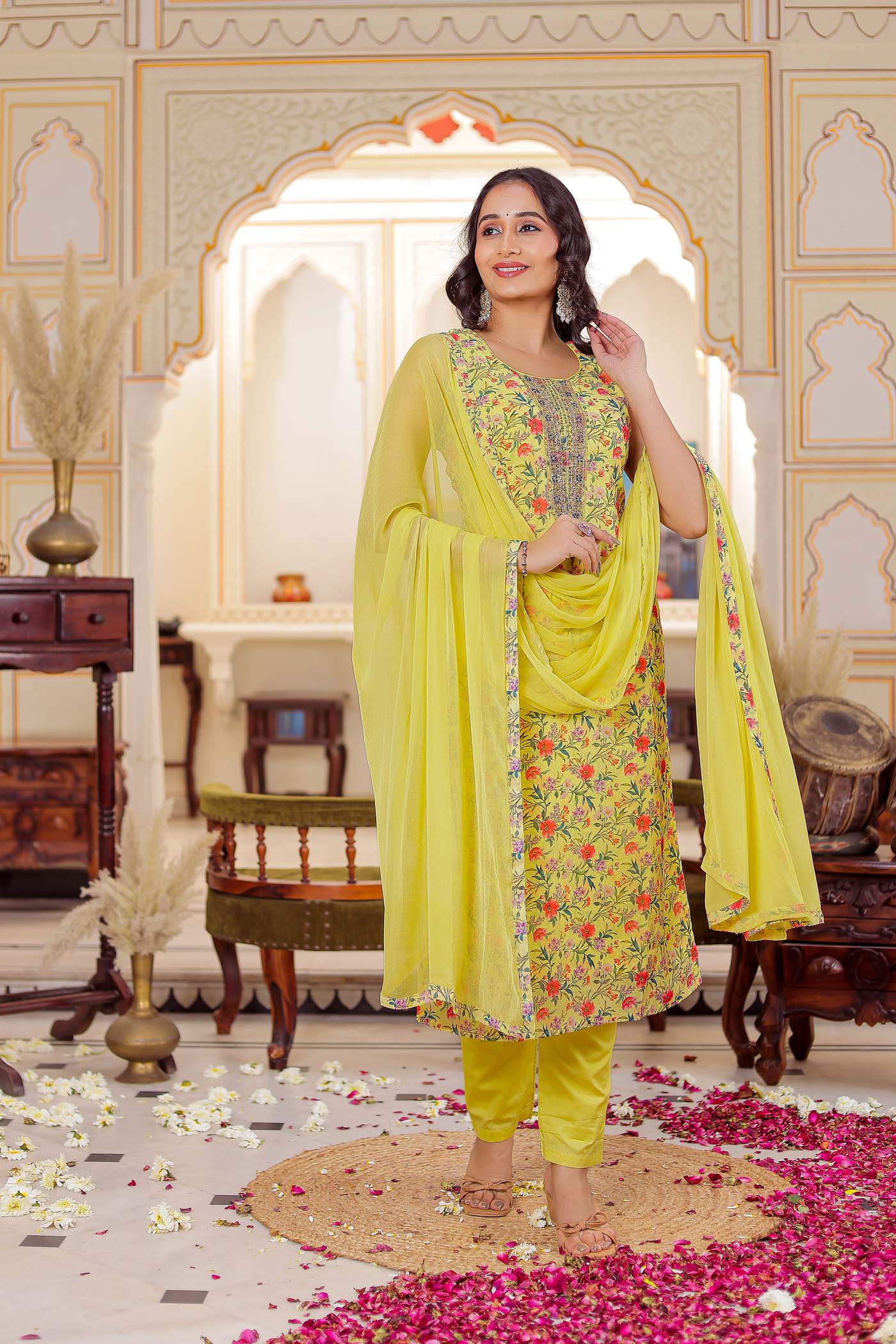 Yellow Floral Print Straight Cut Suit