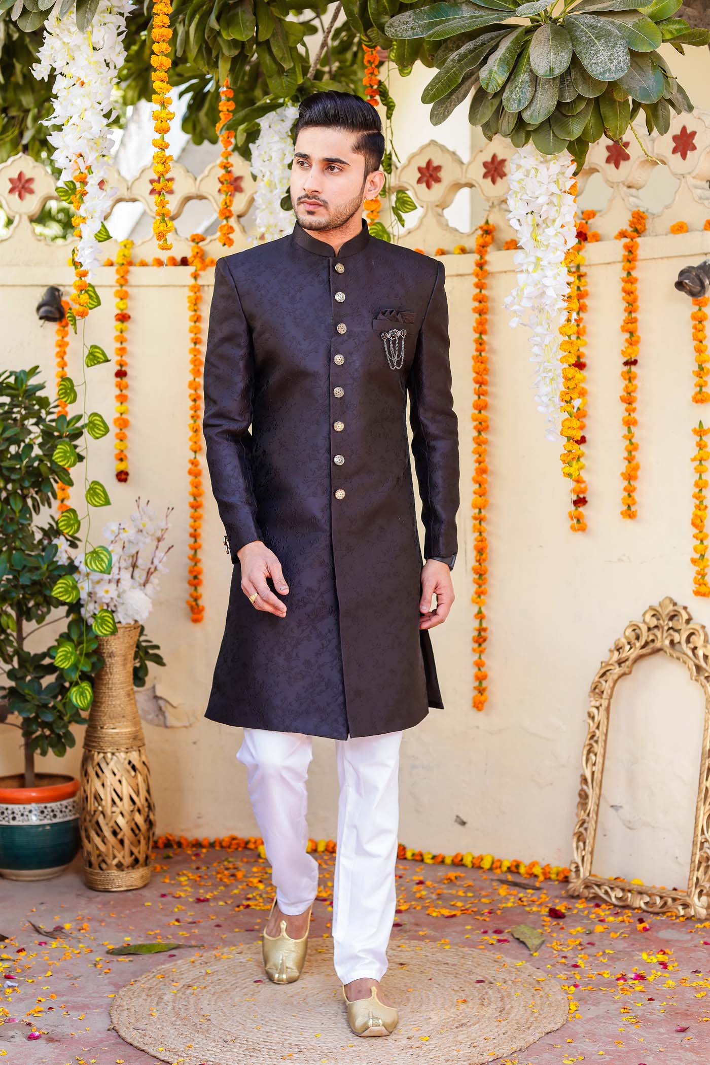 Black Brocade Silk Indo Western Suit