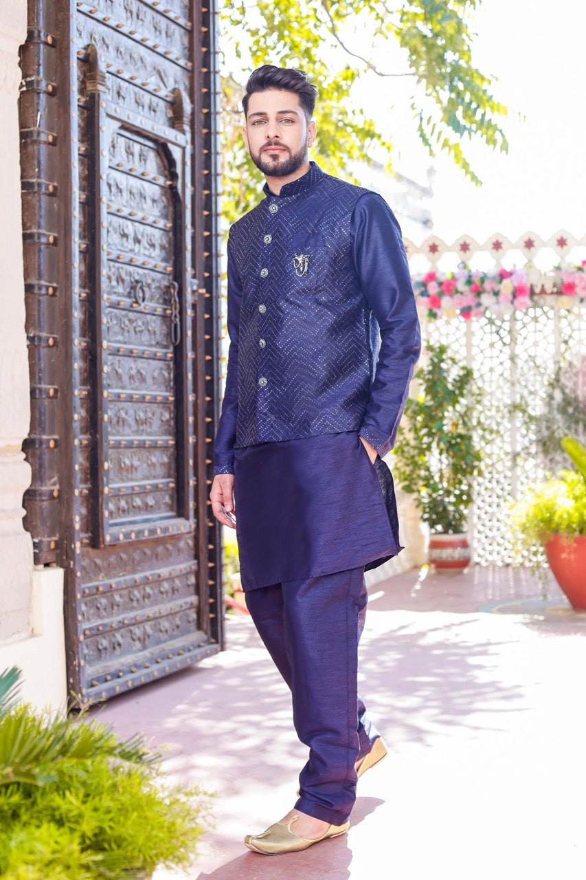 Navy blue waistcoat sales with kurta