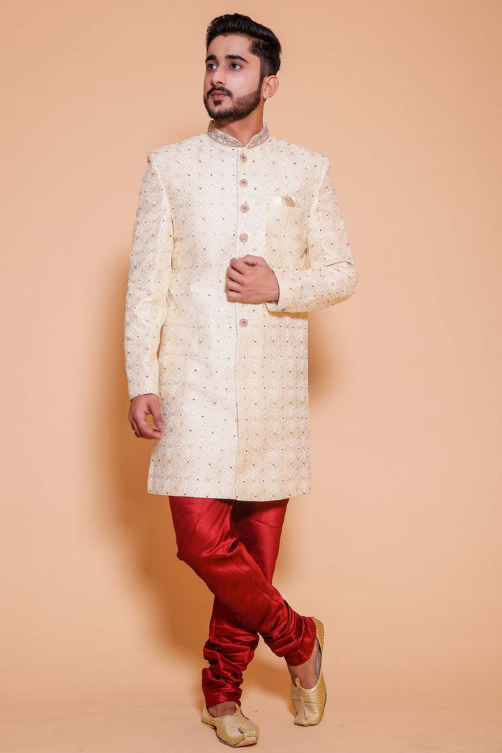 Cream Luckhnowi silk Indo-western suit