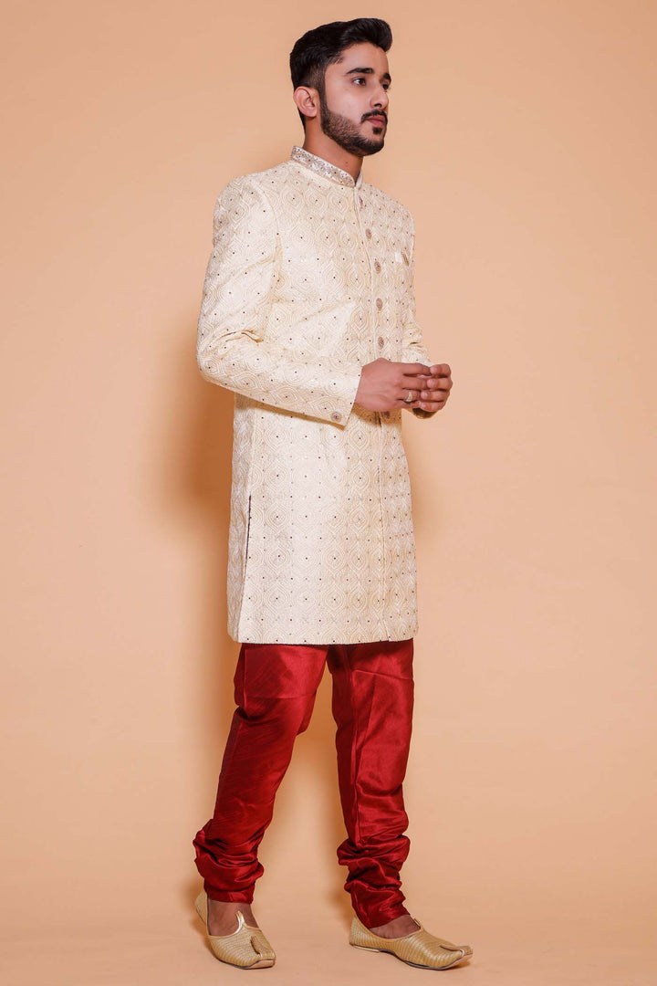 Cream Luckhnowi silk Indo-western suit