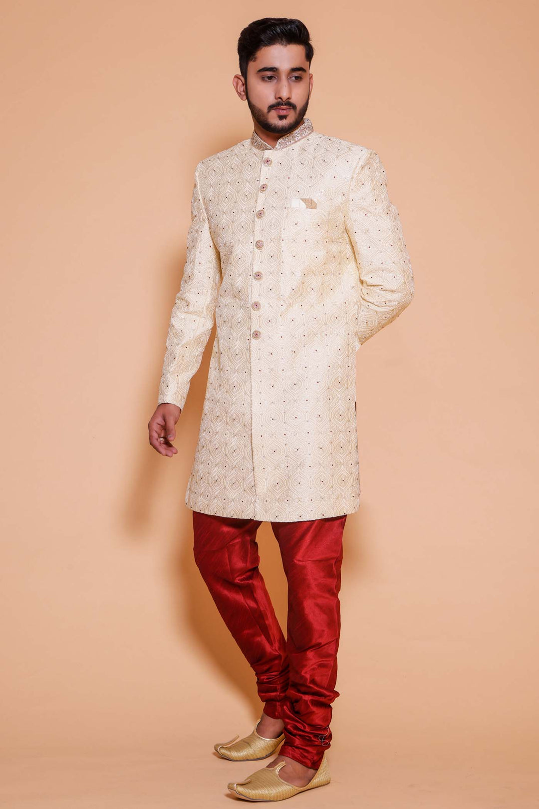 Cream Luckhnowi silk Indo-western suit