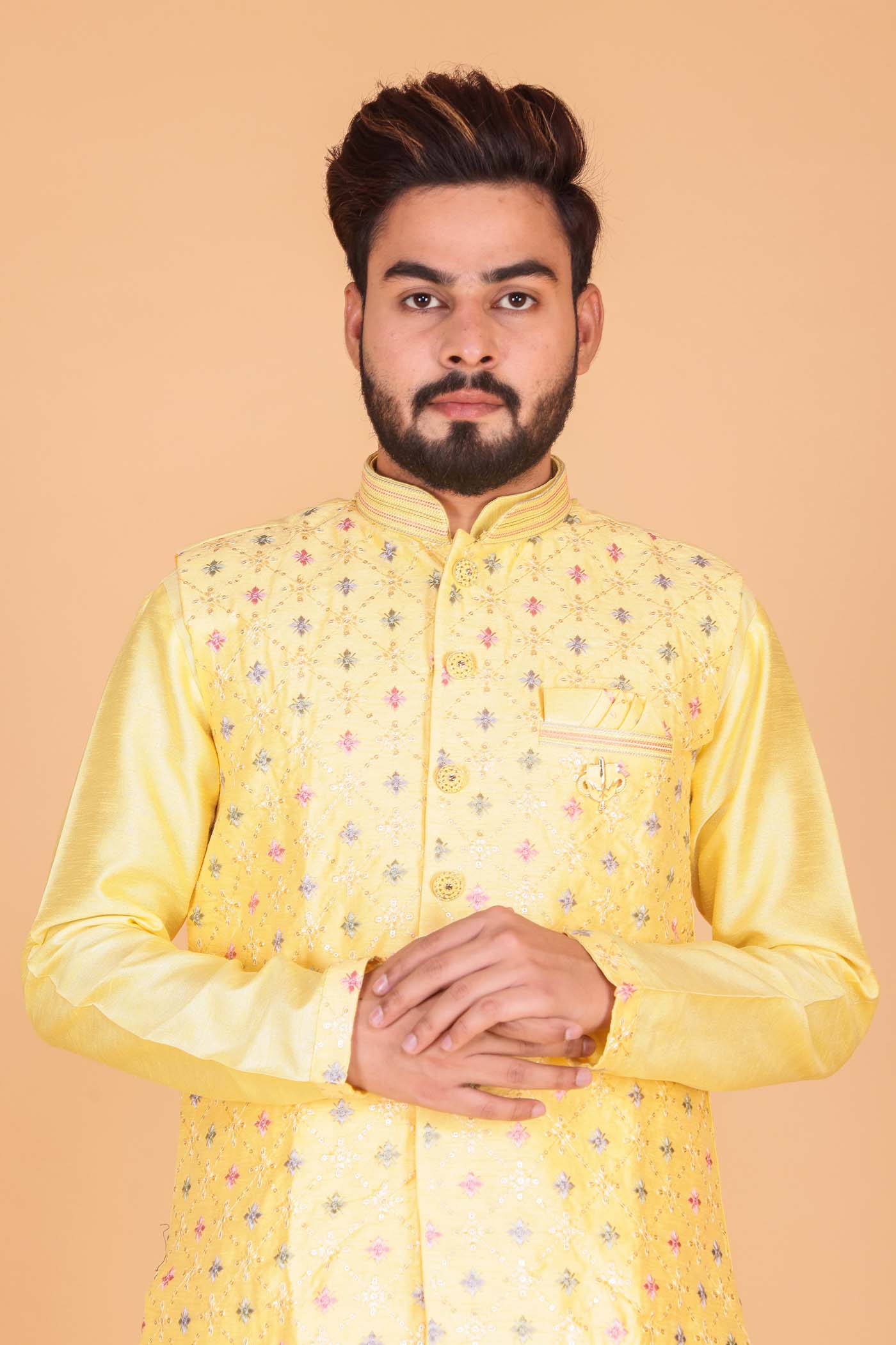 Yellow kurta with on sale waistcoat