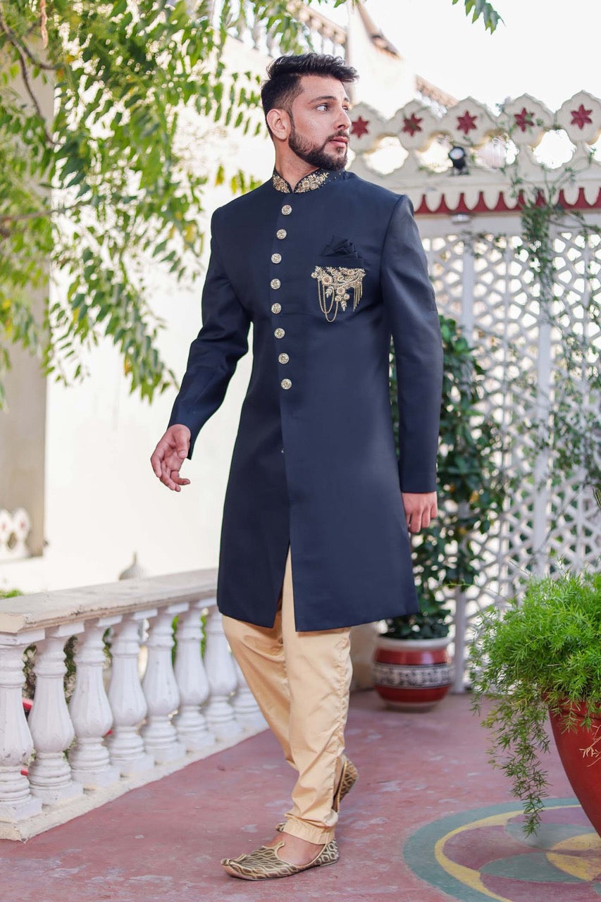 Dark Teal Indo Western Sherwani Suit